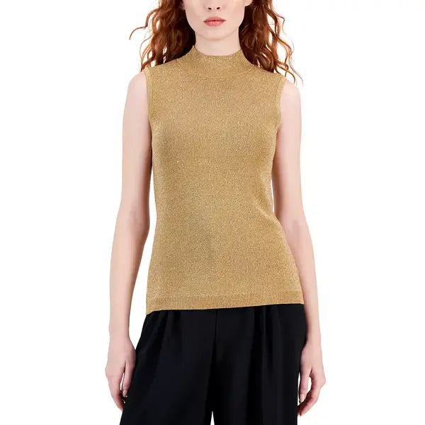 Macy's Women's Shimmer Mock-Neck Sleeveless Top-Camel gold