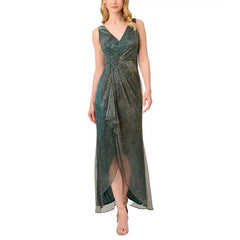 Adrianna Papell Women's Metallic Ruffled Sleeveless Faux Wrap Gown, Perfect for Glamorous Evenings
