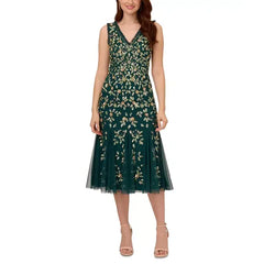 Adrianna Papell Womens Embellished Ruffled Godet Dress, Elegant Evening or Special Occasion Outfit, Gem Green , Size 6