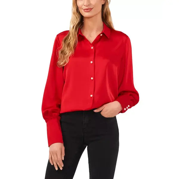 Macy's Women's Luxe Satin Imitation Pearl Button Down Blouse-Stoplight Red