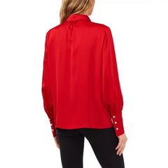 Macy's Women's Luxe Satin Imitation Pearl Button Down Blouse-Stoplight Red