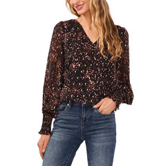 Macy's Women's Printed Long-Sleeve V-Neck Blouse-Rich black