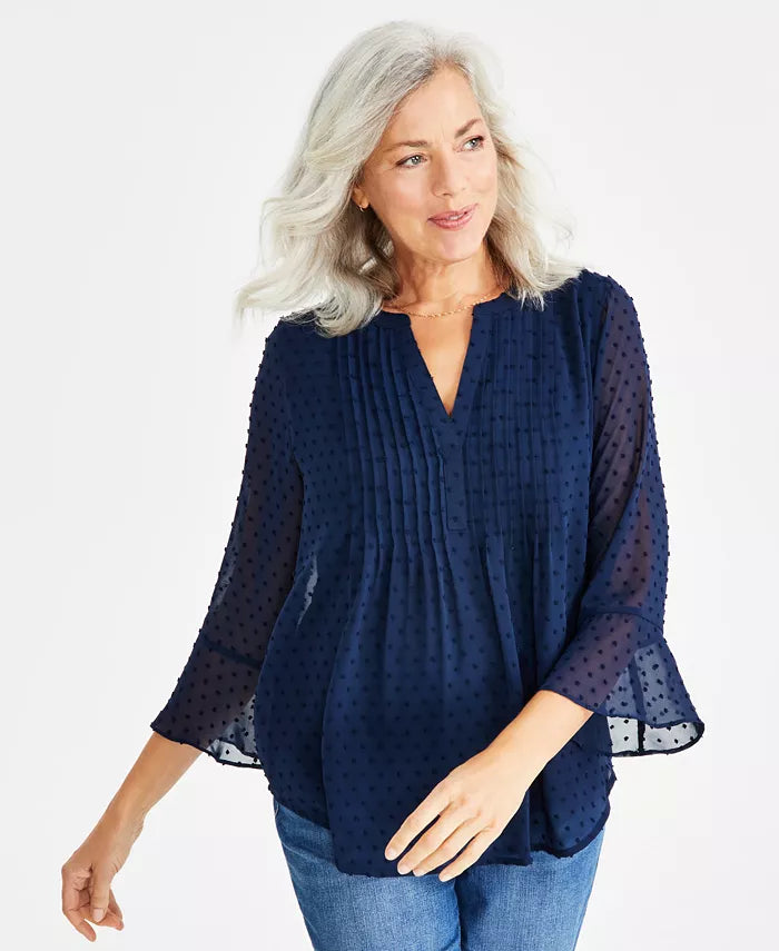 Women's Textured Pintuck Ruffle Sleeve Top, Regular & Petite, Created for Macy's-Industrial blue