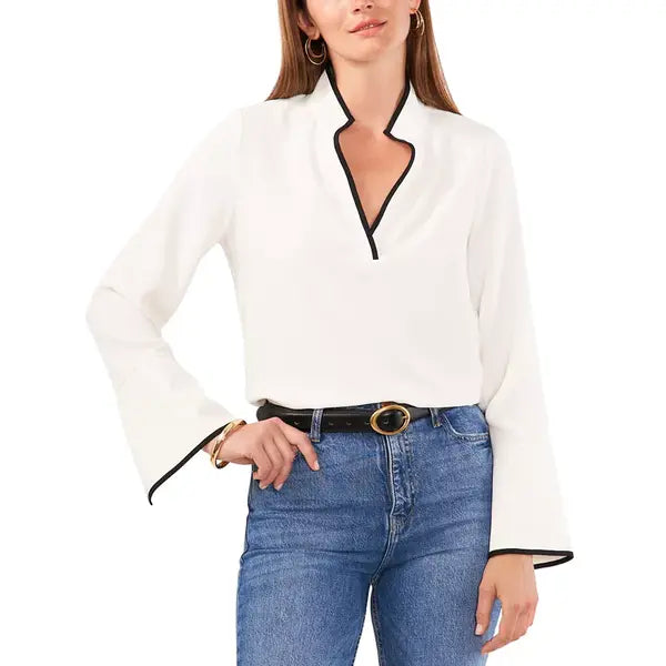 Macy's Women's Split-Neck Contrast-Trim Tunic-New lvory