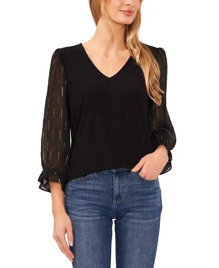 Macy's Women's V-Neck Sheer Mixed-Media Gold Lurex 3/4-Sleeve Knit Top-Black