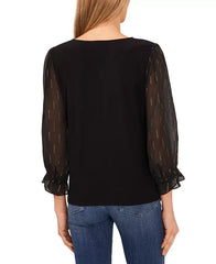Macy's Women's V-Neck Sheer Mixed-Media Gold Lurex 3/4-Sleeve Knit Top-Black