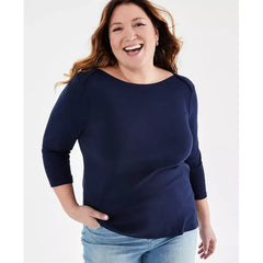 Plus Size Pima Cotton 3/4-Sleeve Top, Created for Macy's-Industrial blue