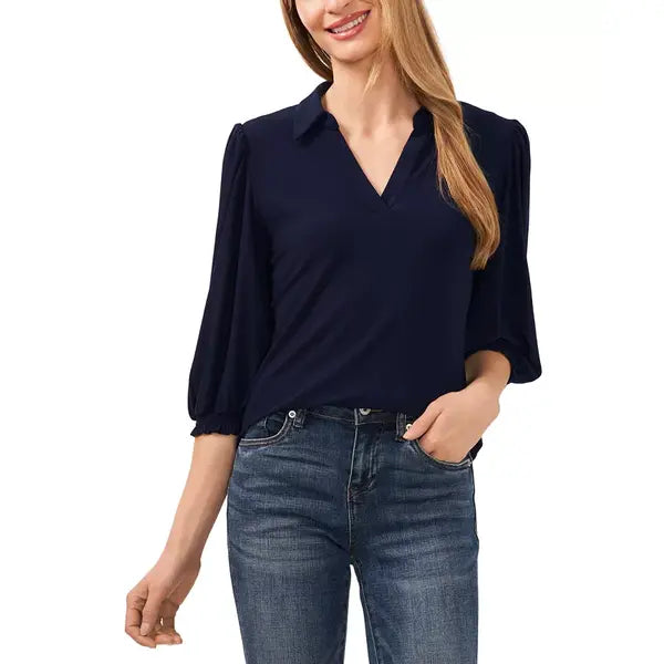 Macy's Women's Collared V-Neck Puff Shoulder 3/4-Sleeve Top-Black
