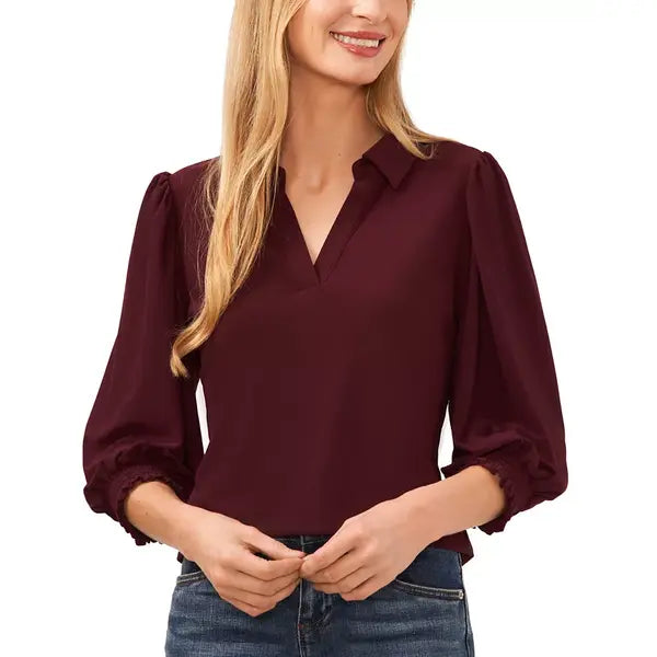 Macy's Women's Collared V-Neck Puff Shoulder 3/4-Sleeve Top-Rich cabernet