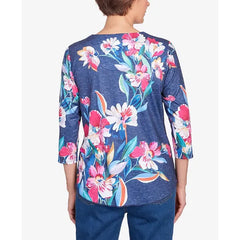Alfred Dunner Petite in Full Bloom Placed Floral V-neck Top, Navy, Size PL