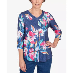 Alfred Dunner Petite in Full Bloom Placed Floral V-neck Top, Navy, Size PL