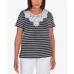 Alfred Dunner Women's Classic Neutrals Lace Neck Striped Split Hem T-shirt, Black, White , Size Small