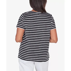 Alfred Dunner Women's Classic Neutrals Lace Neck Striped Split Hem T-shirt, Black, White , Size Small