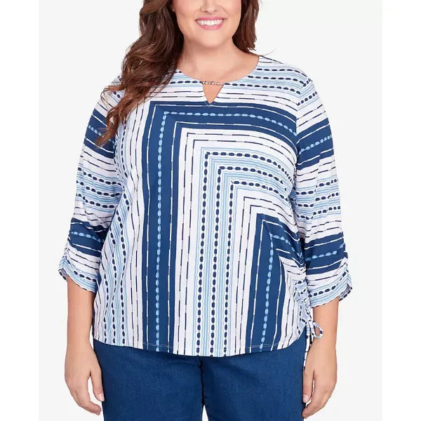 Alfred Dunner Plus Size In Full Bloom Spliced Texture Stripe Side Tie Top, Multi, Size 1X
