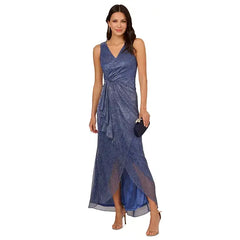 Adrianna Papell Women's Metallic Ruffled Sleeveless Faux Wrap Gown, Perfect for Glamorous Evenings
