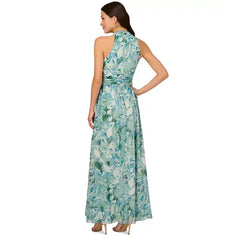 Adrianna Papell Womens Leaf Print Chiffon Shirred Gown, Elegant Evening or Formal Occasion Dress, Slate