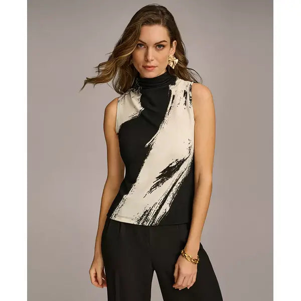 Macy's Donna Karan Women's Printed Mock Neck Sleeveless Top-black multi