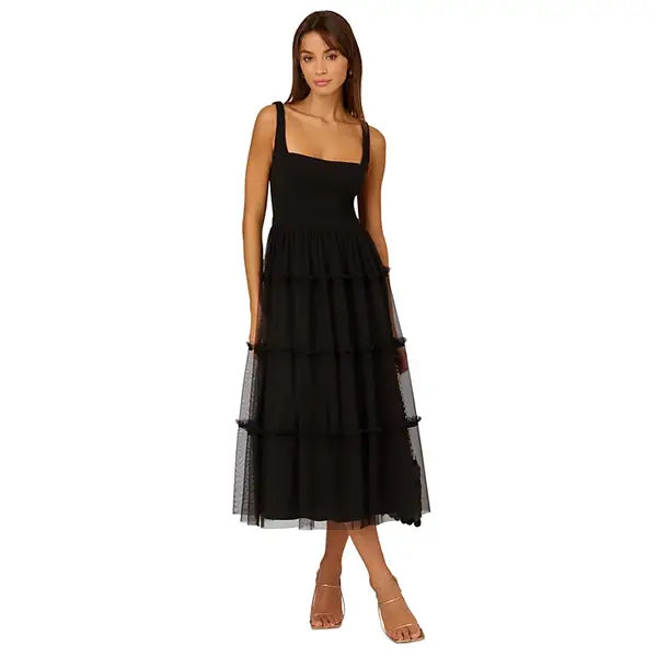 Adrianna Papell Womens Square Neck Midi Mesh Dress, Modern Style for Elegant Occasions