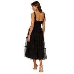 Adrianna Papell Womens Square Neck Midi Mesh Dress, Modern Style for Elegant Occasions