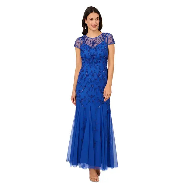 Adrianna Papell Petite Beaded Mesh Evening Gown, Perfect for Formal Events and Elegant Occasions , Brilliant Sapphire , Size 6P