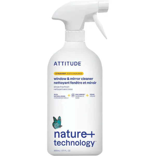 ATTITUDE Window and Mirror Cleaner, EWG Verified, Plant- and Mineral-Based Ingredients, Vegan and Cruelty-free Household Products, Citrus Zest, 27.1 Fl Oz