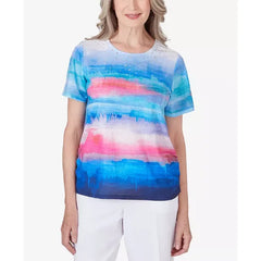 Alfred Dunner Petite Paradise Island Watercolor Stripe Ruched Top, Size PM