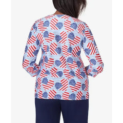 Alfred Dunner Women's All American Flag Hearts Three Quarter Sleeve Shirt, Size Medium