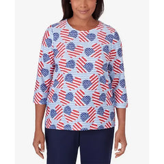 Alfred Dunner Women's All American Flag Hearts Three Quarter Sleeve Shirt, Size Medium