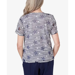 Alfred Dunner Women's All American Lined Space Dye Stars T-shirt with Side Tie, Navy, Size Small