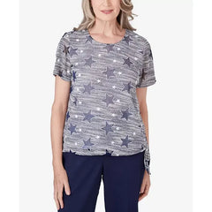 Alfred Dunner Women's All American Lined Space Dye Stars T-shirt with Side Tie, Navy, Size Small