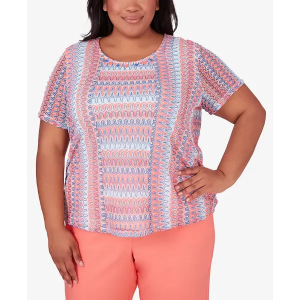 Alfred Dunner Plus Size Neptune Beach Textured Stripe Top with Side Ruching, Blue