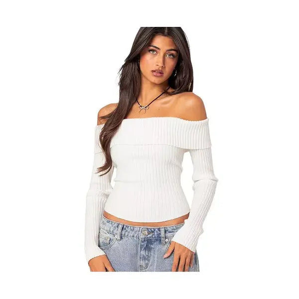 Macy's Women's Lauren knit fold over top-White