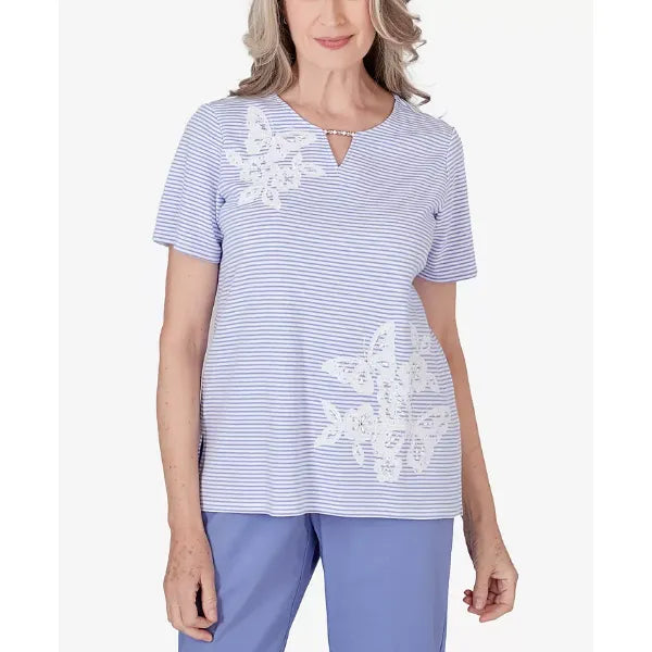 Alfred Dunner Women's Summer Breeze Mini Stripes T-shirt with Butterfly Lace Detail, Lilac, Size M