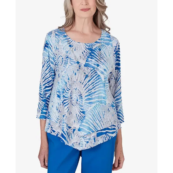 Alfred Dunner Women's Neptune Beach Seashell Embellished Top with Necklace, Ocean Blue
