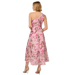 Adrianna Papell Women's Printed One Shoulder High Low Dress for Elegant and Contemporary Style, Pink Multi