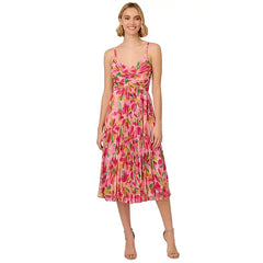 Adrianna Papell Women's Floral-Print Pleated Midi Dress, Perfect for Elegant Daytime Events and Special Occasions, Pink/Green Multi
