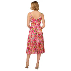 Adrianna Papell Women's Floral-Print Pleated Midi Dress, Perfect for Elegant Daytime Events and Special Occasions, Pink/Green Multi