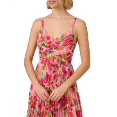 Adrianna Papell Womens Floral Print Pleated Midi Dress Elegant and Flowing Style for Special Occasions,Pink/Green Multi