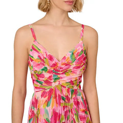 Adrianna Papell Women's Floral-Print Pleated Midi Dress, Perfect for Elegant Daytime Events and Special Occasions, Pink/Green Multi