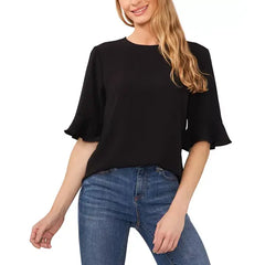 Macy's Women's Ruffled Cuff 3/4-Sleeve Crew Neck Blouse-Rich black