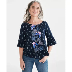 Women's Printed 3/4-Sleeve On-Off Top, Created for Macy's-Navy floral