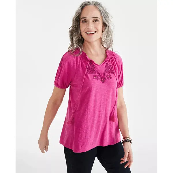 Women's Embroidery Vacay Top, Created for Macy's-Fuchsia
