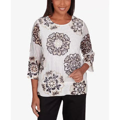 Alfred Dunner Women's Opposites Attract Medallion Textured Crew Neck Top, Multi , Size small