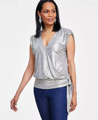 Women's Tie-Waist Surplice Top, Created for Macy's-Foiled gold