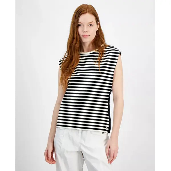 Macy's Women's Striped Dolman-Sleeve Crewneck Top-BLK/IVY