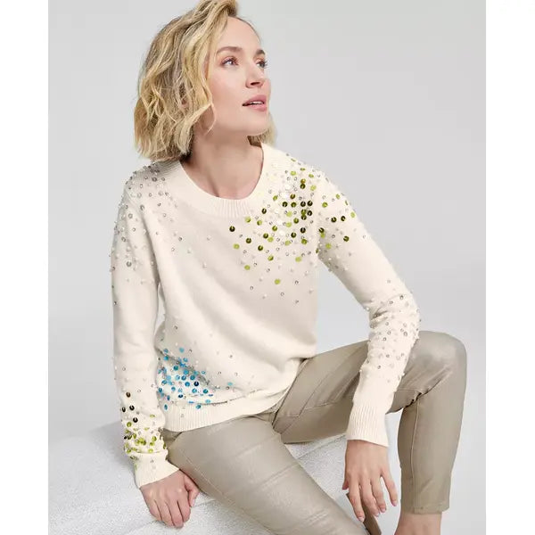 Women's Cashmere Sequin Embellished Crewneck Sweater, Created for Macy's-Vanilla Ice Combo