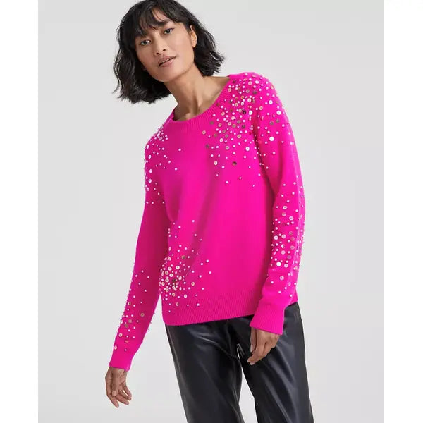 Macy's Women's Cashmere Sequin Embellished Crewneck Sweater, Created for Macy's-Fierce Pink Combo