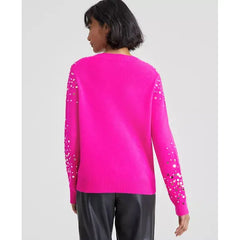 Macy's Women's Cashmere Sequin Embellished Crewneck Sweater, Created for Macy's-Fierce Pink Combo