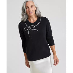 Women's Cashmere Bow-Embellished Crewneck Sweater, Created for Macy's-Black