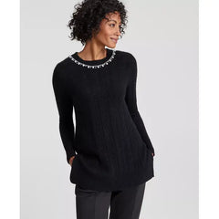 Women's Cashmere Embellished Cable-Knit Tunic Sweater, Created for Macy's-Classic black